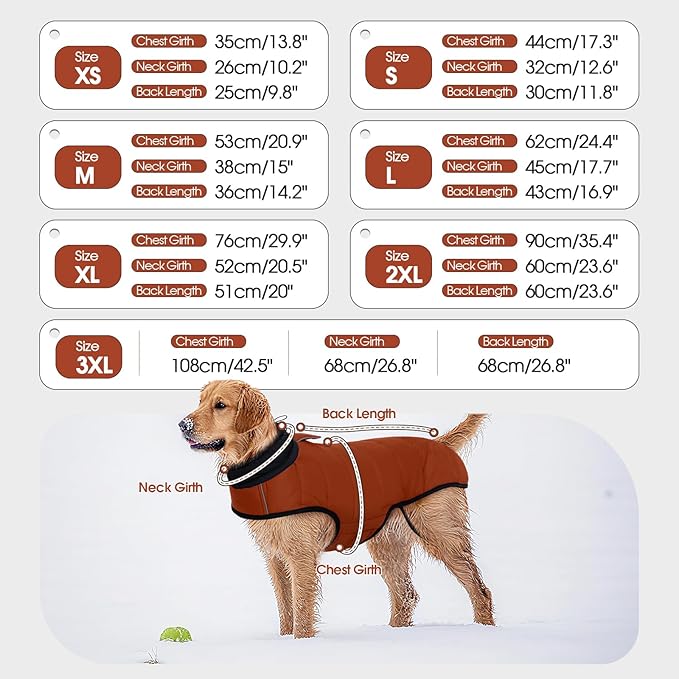 IDOMIK Dog Winter Coat, Warm Waterproof Dog Puffer Jacket with Harness Hole, Adjustable Reflective Snow Jacket Vest with Turtleneck, Pet Cold Weather Coats for Large Dogs,Caramel,3XL