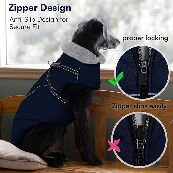Queenmore Large Dog Coat,Dog Jacket for Extra Large Dogs with Harness Built in,Reflective Waterproof Dogs Jackets with Fleece Lining,Warm Snowsuit Pet Coats for Doberman,Labrador,NavyBlue,XXL