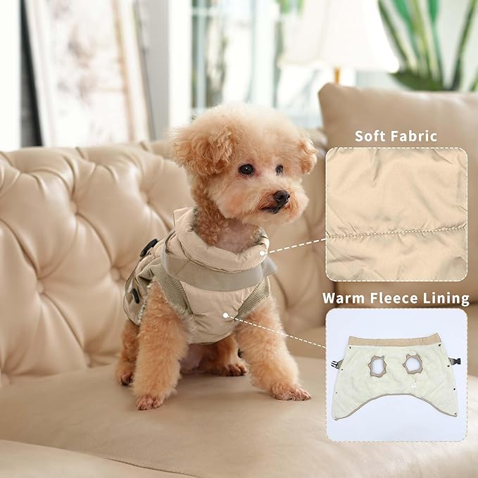 Dog Jacket with Harness,Fleece Lined Warm Puppy Coat for Winter,Soft Windproof Small Dog Vest,Khaki S