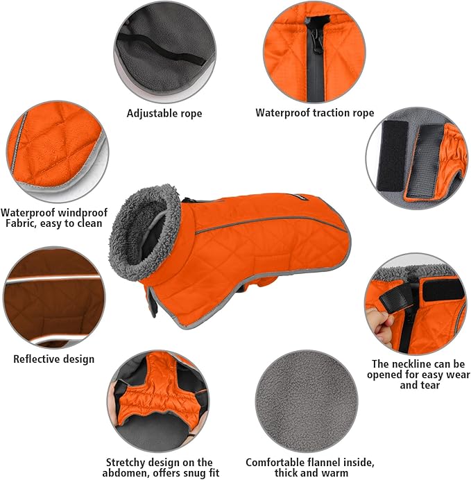 Fragralley Dog Coat Large, Waterproof Dog Jacket with Warm Fleece Lining, Adjustable Reflective Dogs Winter Coat, Turtleneck Pet Coats for Cold Weather (Orange L)