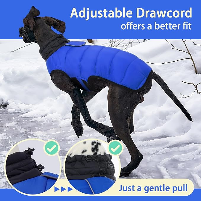 MIGOHI Lightweight Dog Coat, Windproof Dog Jacket, Puffer Jacket for Medium Dogs, Padded Vest with Reflective Strips, Warm Snow Vest in Cold Weather, Easy On Hook & Loop Belly, Blue, L