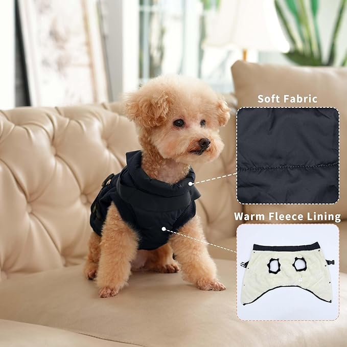 Dog Jacket with Harness,Fleece Lined Warm Puppy Coat for Winter,Soft Windproof Medium Dog Vest,Black L