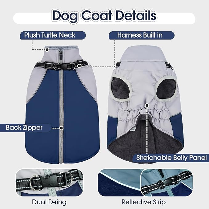DENTRUN Dog Coat with Harness Built in, Easy On/Off Zipper Closure Winter Dog Vest, Water-Repellent Fleece Lined Warm Jacket with Reflective for Medium Dogs, Dark Blue, M