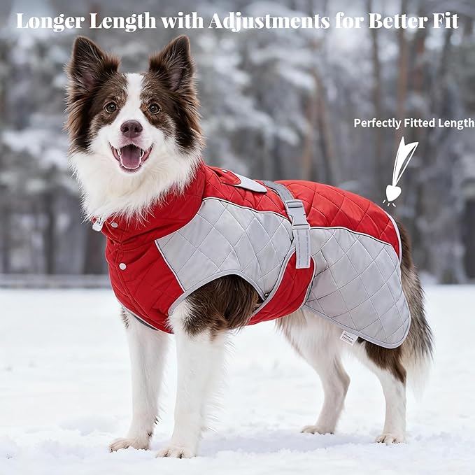 Dog Coat Dogs Winter Coat- Fleece Lined,Water-Resistant,Convertible Collar,Back Reflective Strip&Easy to Wear for Outdoor Walking Dog-Jacket(Red, Large)