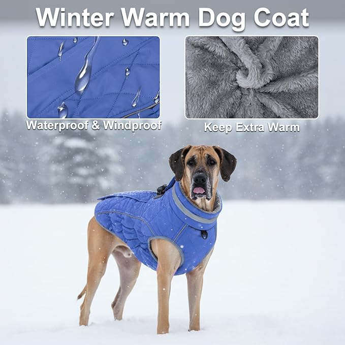 Dog Coat, Warm Dog Winter Coat for Large Dogs, Waterproof Jacket with Harness Built in, Reflective Turtleneck Cold Weather Coats with Zipper,Pet Fleece Vest Snow Jacket, Blue XL