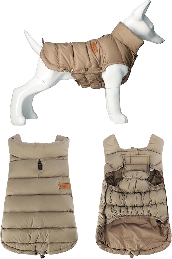 SPACE LION Dog Puffer Jacket, Down Winter Coat, Durable Outdoor Coat for Cold and Windy Conditions, Waterproof, Lightweight Jacket, Adjustable Fit for Small, Medium, Large Dogs(Camel,28/4XL)