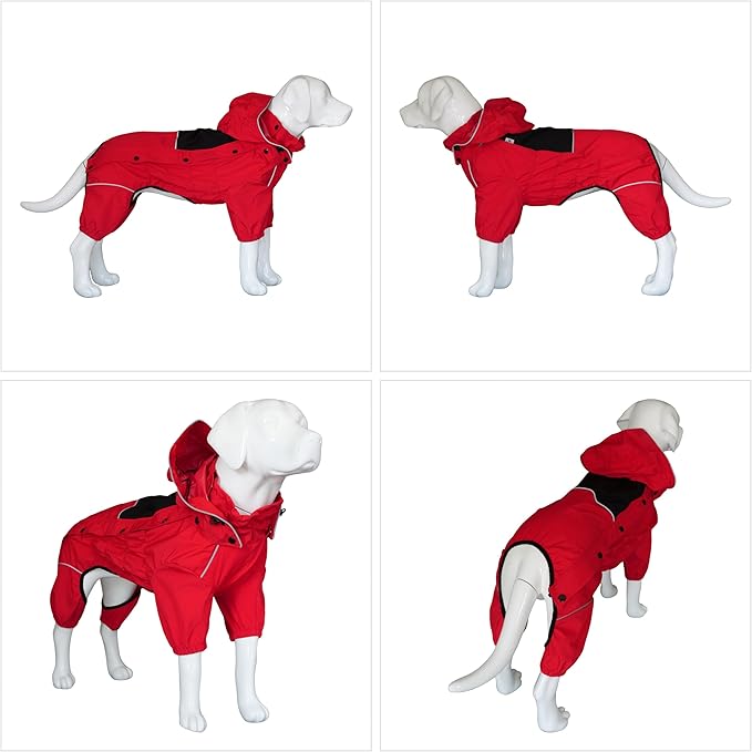 LOVELONGLONG Waterproof Dog Raincoat with Removable Hood – Outdoor Full Body Dog Jacket, Windproof Snowproof Shell Suit – All Season Pet Rain Gear Red 4XL