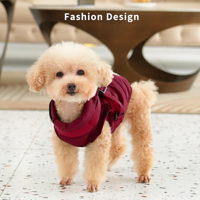 Dog Jacket with Harness,Fleece Lined Warm Puppy Coat for Winter,Soft Windproof Small Dog Vest,Red XS