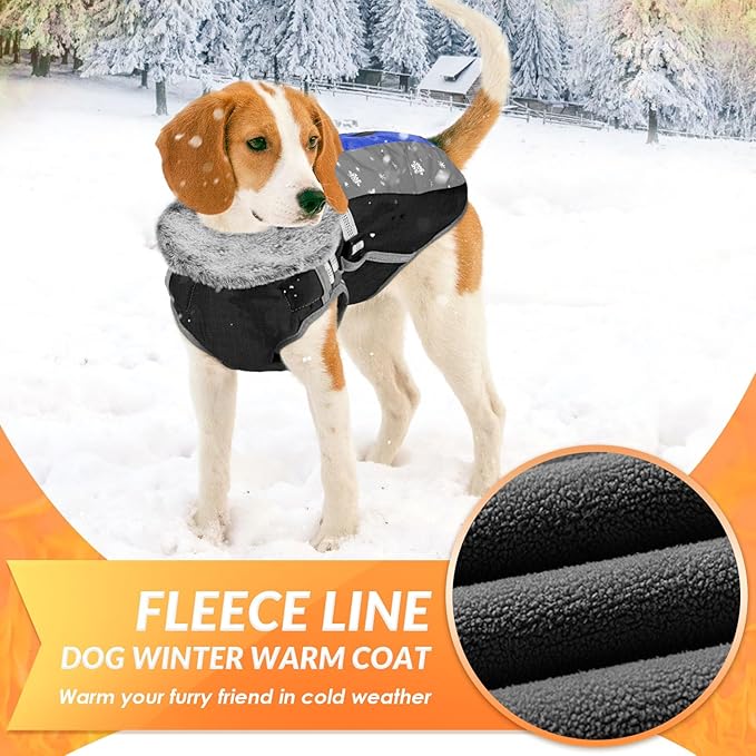 SlowTon Dog Jacket with Harness Built in - Waterproof Fleece Winter Warm Dog Coats for Small Medium Dogs, Reflective Adjustable Furry Puppy Vest Clothes for Outdoor Walking (Blue,L)