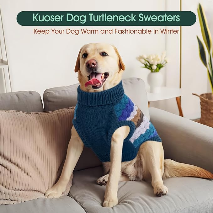 Kuoser Dog Sweater, XL Dog Sweaters for Large Dogs Pet Cable Knitted Pullover Warm Clothes, Turtleneck Classic Knitwear Soft Thick Puppy Xmas Holiday Outfit Cold Weather Thermal Wear, Blue XL
