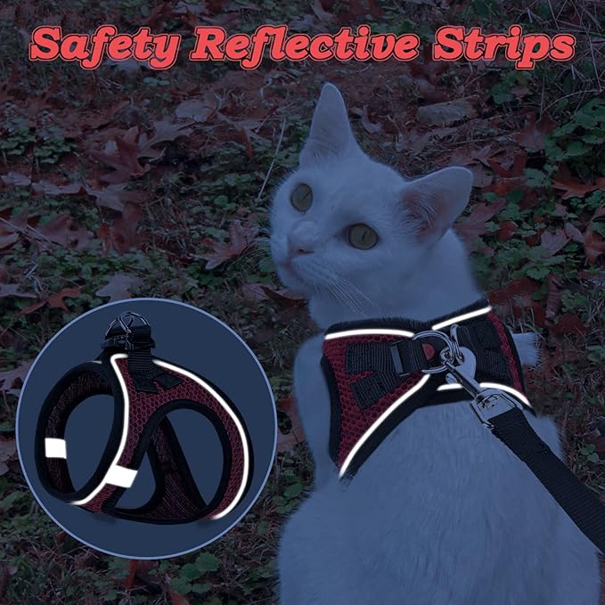 Cat Harness and Leash for Walking Escape Proof, Adjustable Kitten Vest Harness Reflective Soft Mesh Puppy Harness for Outdoor, Comfort Fit, Easy to Control (Red, M)