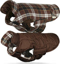 VIVAGLORY Softjoy Dog Coat, Dog Jacket for Winter & Christmas, Coat with Harness Hole & Velcro Closure, Reversible Plaid Checkered Warm Fluffy Heavy Duty for Puppy, L, Coffee