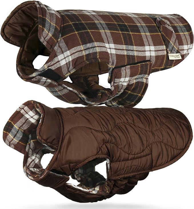 VIVAGLORY Softjoy Dog Coat, Dog Jacket for Winter & Christmas, Coat with Harness Hole & Velcro Closure, Reversible Plaid Checkered Warm Fluffy Heavy Duty for Puppy, XS, Coffee