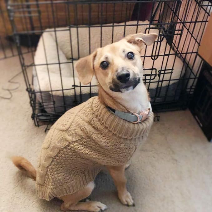 Mihachi Turtleneck Dog Sweater - Winter Coat Apparel Classic Cable Knit Clothes with Leash Hole for Cold Weather, Ideal Gift for Pet in New Year Khaki Medium