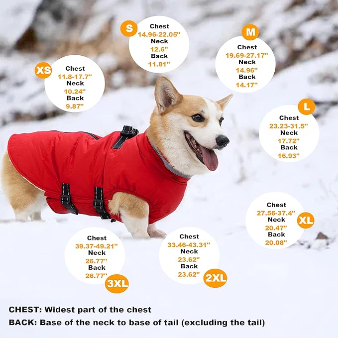 Small Dog Coat with Harness Built-in, Waterproof Reflective Fleece Lined - Warm Windproof Winter Jacket with Back Zipper, Cold Weather Snow Dog Coats - Red - XS