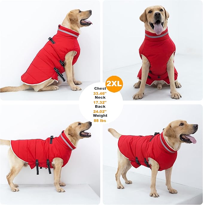 Dog Coat with Harness Built-in, Waterproof Reflective Fleece Lined - Warm Windproof Winter Jacket with Back Zipper, Cold Weather Snow Dog Coats - Red - L