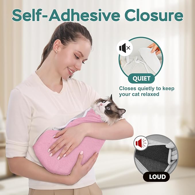 Self-Adhesive Cat Grooming Wrap, Cozy Cat Wrap for Cutting Nails, Breathable Anti-Scratch Cat Swaddle Bag for Brushing, Ear Cleaning, Dental Care, Medication, Injections, Pink S