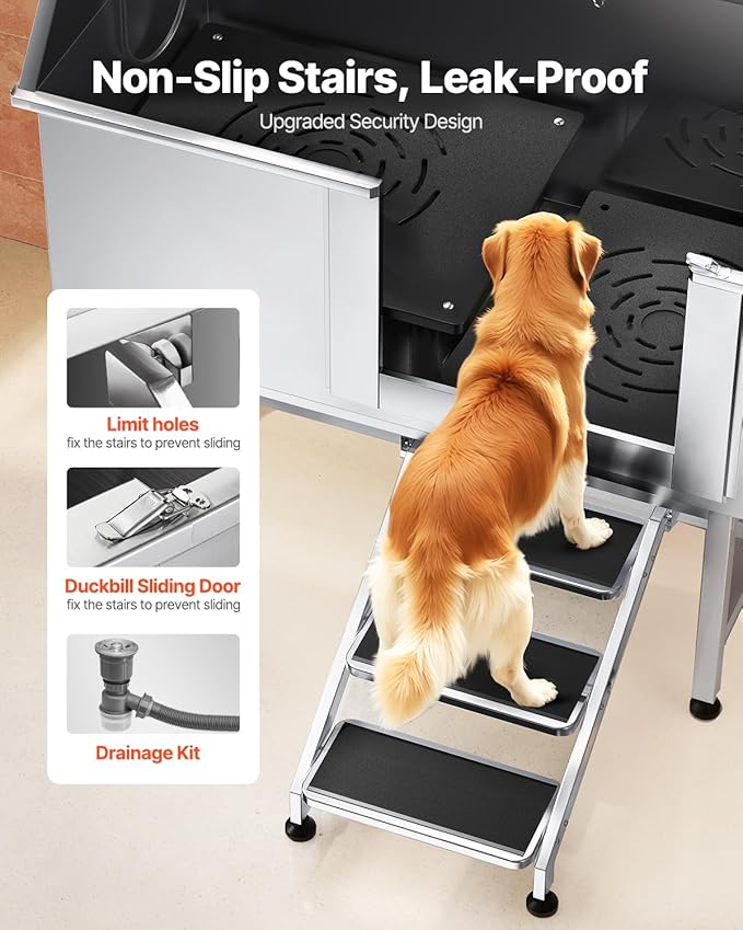 VEVOR Stainless Steel Dog Washing Station, 50 inch Pet Grooming Tub w/Stairs, PE Water Filter Board, Faucet & Showerhead & Soap Holder Dog Bathtub for Large & Medium & Small Pets (Right Door)