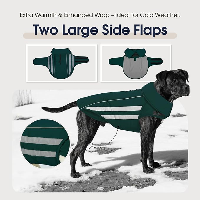 IECOii Large Dog Coat - Waterproof & Windproof Snow Jacket for French Bulldog & Corgi, Adjustable & Reflective Warm Coats with Fleece Lining for Walking, Camping, Hiking, Green, Sizes L