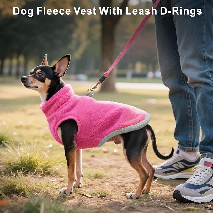 Idepet 2 Pack Dog Fleece Vest Sweater Warm Pullover Jacket with D-Ring Leash Reflective Winter Coat Hoodie for Puppy Cat French Bulldog Pug Chihuahuas Yorkies Dachshunds (Red&Rose Red,Medium)