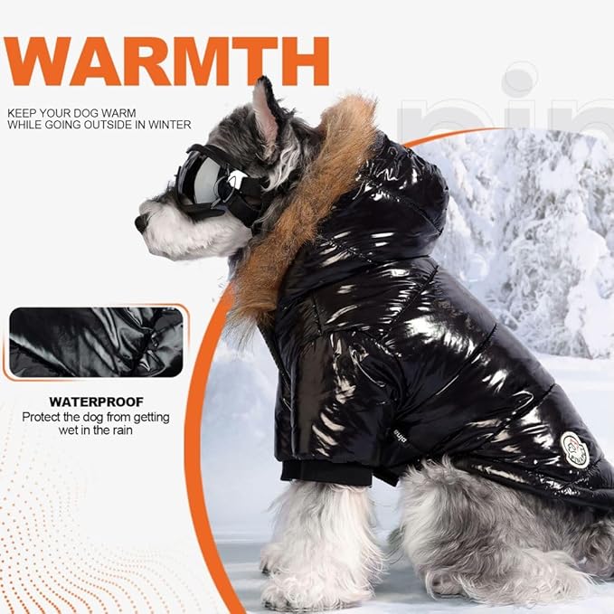 PINA Dog Winter Coat with Faux Fur Hood, Windproof and Warm, Suitable for Small to Large Dogs, Black, L