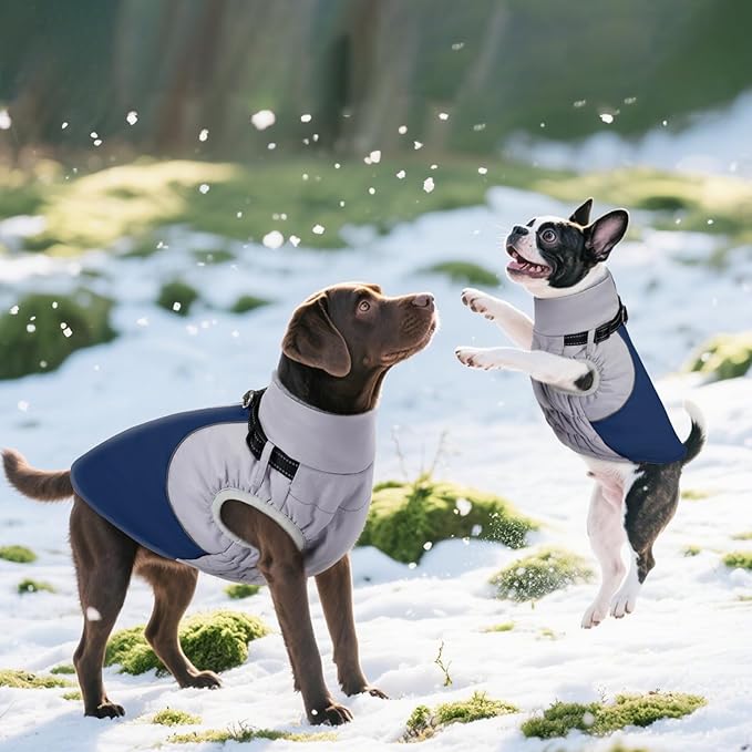 DENTRUN Dog Coat with Harness Built in, Easy On/Off Zipper Closure Winter Dog Vest, Water-Repellent Fleece Lined Warm Jacket with Reflective for Medium Dogs, Dark Blue, M