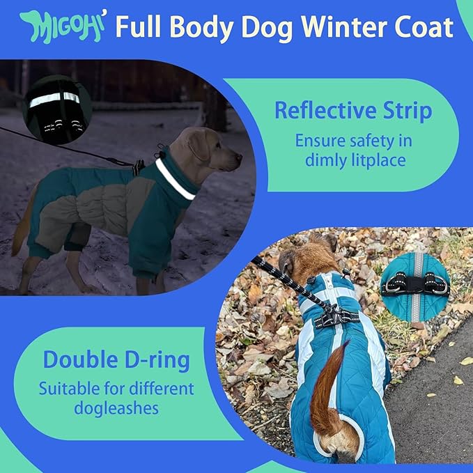 MIGOHI Full Body Dog Coat - Warm Reflective Large Dog Winter Coat with Harness,Turtleneck Fleece Jacket for Dogs,Four-Leg Windproof Puffer Jackets Snowsuit with Zipper for Small Medium Large Dogs,2XL