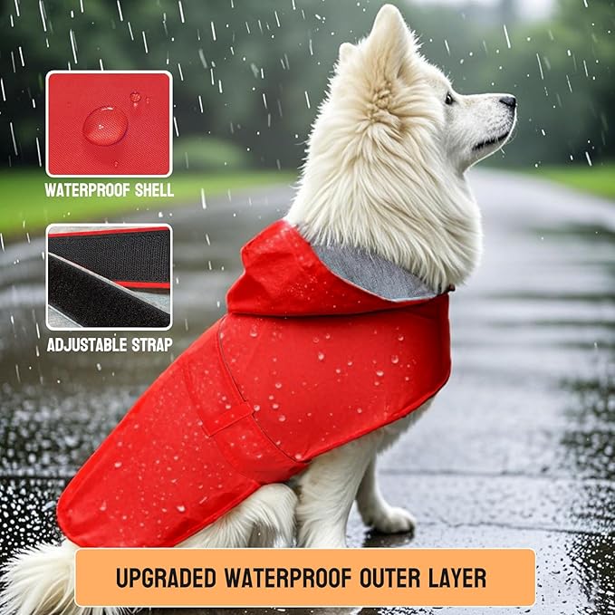 Dog Raincoat Dog Rain Jacket Poncho Waterproof Pet Rain Suit Double Layer Breathable Lining Hooded Leash Hole Adjustable for Medium Dogs,Red,XXXL