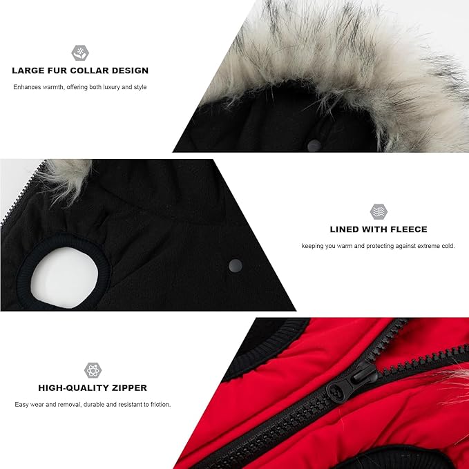 PINA Dog Winter Coat Winter Jacket with Waterproof Fabric, Faux Fur Hood, Reflective Strap for Small Medium Large Dogs, Red, 3XL