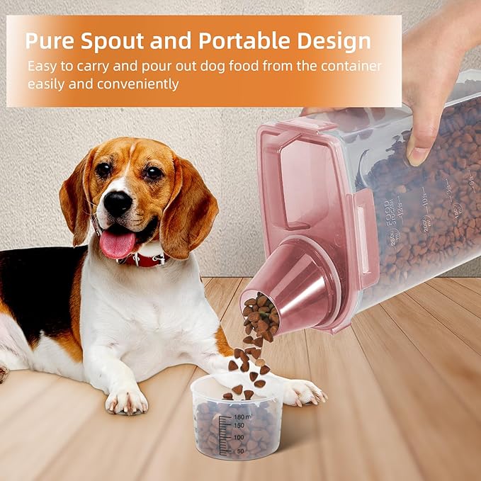 3-5Lbs Small Cat Dog Food Storage Containers BPA Free, Airtight Pet Food Storage Containers with Large Pour Spout/1 Measuring Cup/ 4 Safety Locks and double-layer silicone strip (Clear PInk&1)