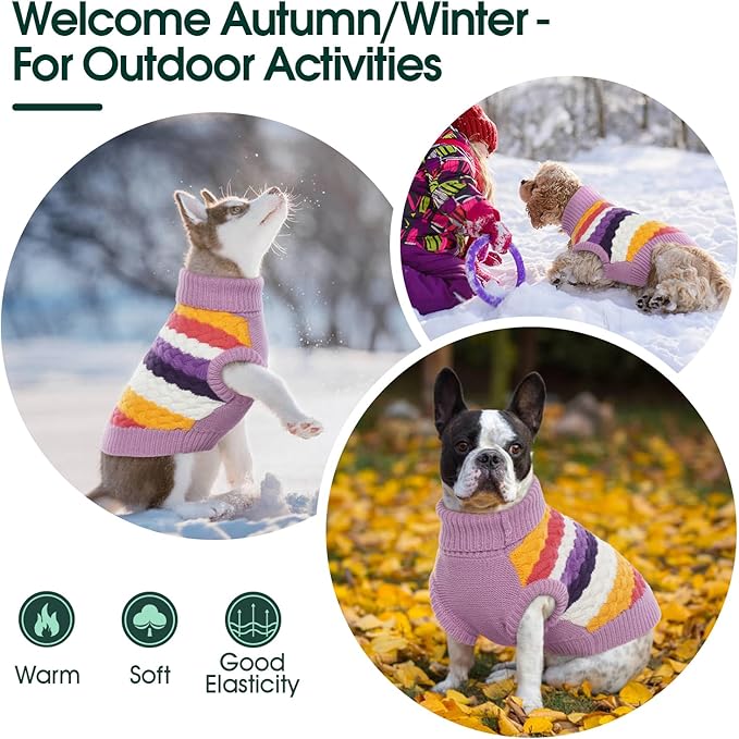 Kuoser Dog Sweater, Warm Dog Sweaters for Small Dogs Pet Christmas Clothing, Classic Cable Knitwear Cold Weather Thermal Pullover for Pug Dachshund Yorkie, Soft Puppy Turtleneck Sweatshirt, Purple S