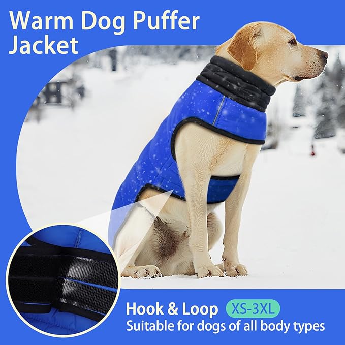 MIGOHI Lightweight Dog Coat, Windproof Dog Jacket, Puffer Jacket for Large Dogs, Padded Vest with Reflective Strips, Warm Snow Vest in Cold Weather, Easy On Hook & Loop Belly, Blue, 2XL