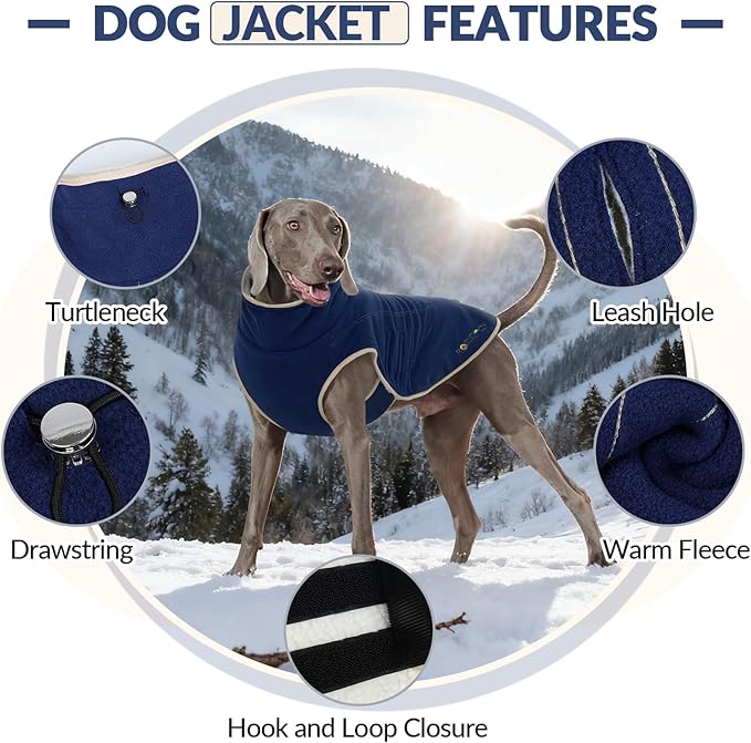 ROZKITCH Reversible Dog Jackets for Large Dogs, Thick Fleece Sherpa Sweater with Leash Hole & Embroidery, Adjustable Double-Sided Plush Sweatshirt for Medium Large Breeds DarkBlue XL