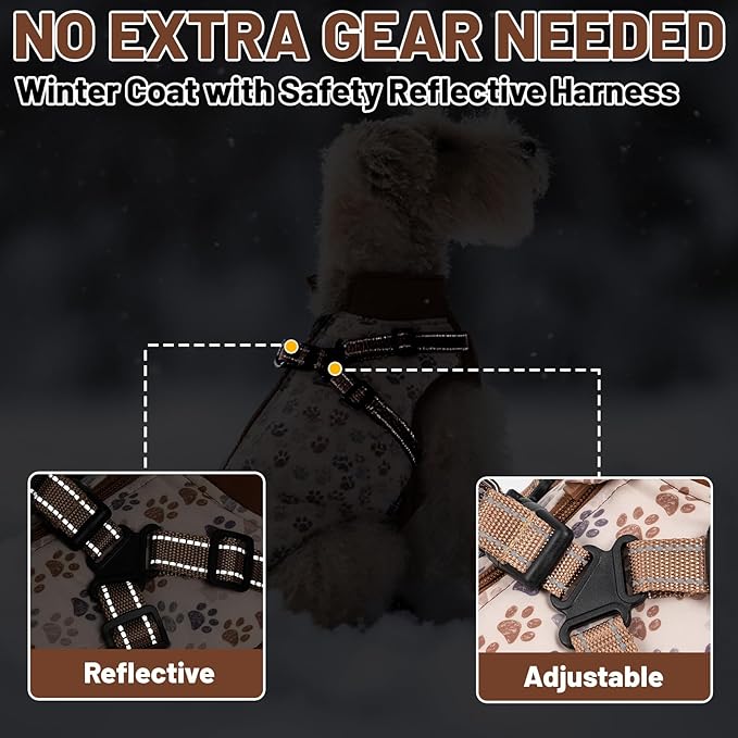 Dog Winter Coat for Small & Medium Dogs (Up to 32lb), Waterproof Dog Coat with Harness, Puppies Windproof Puppy Puffer Jacket, Snowsuit for Dachshund,Frenchie, Corgi (Paw Brown, Medium)