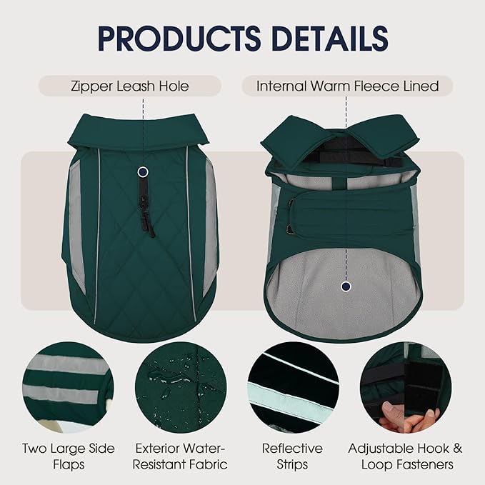 IECOii 4XL Winter Dog Coat - Waterproof & Reflective & Adjustable, Warm Fleece Jacket for Great Dane, Snow & Rain Walking, Skiing, Green, Sizes XXXXL