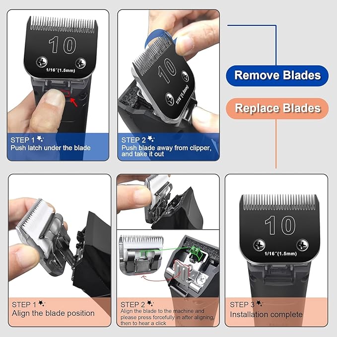 Audoc 10 Blades Dog Grooming Blades Compatible with Andis/Oster A5/Wahl KM-10 Series Dog Clippers,Detachable Clipper Replacement Blade,Black (7PCS #10+30+40+3FC+4FC+5FC+7FC)