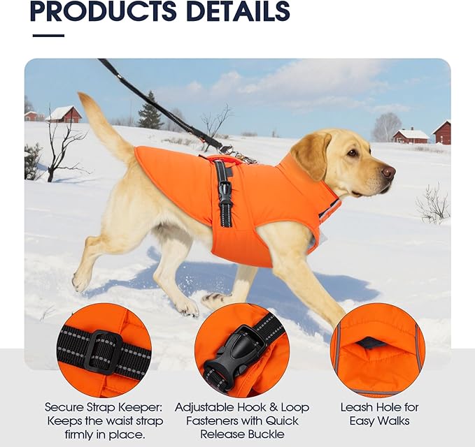 IECOii Fleece Dog Coat - Water-Resistant & Reflective & Adjustable, Fleece Lined Snow Jacket for City Walks, Windproof & Warm Winter Vest Labrador & Golden Retriever & Doberman, Orange, Size 3XL