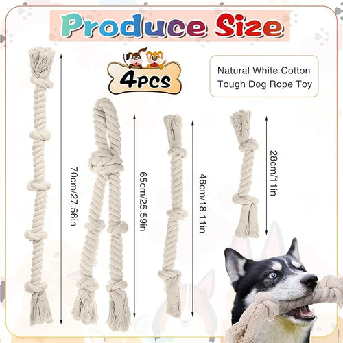 4 Pcs Rope Dog Toys White Tough Rope Toy Natural Cotton for Aggressive Chewers Interactive Knot Toys for Large Dog Tug of War Heavy Duty Pet Supplies Teeth Cleaning