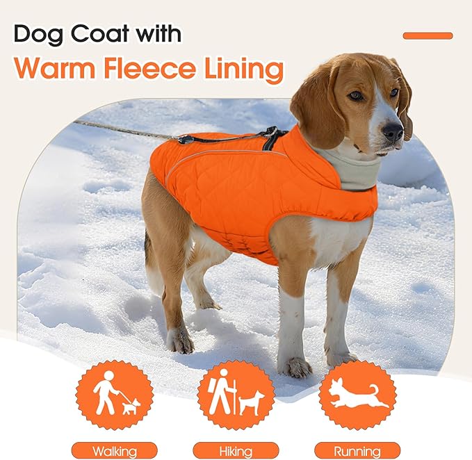 Dog Coat with Harness Built in -Orange,Large- Fleece Lined Dog Snow Jacket Snowsuit，Adjustable Reflective Winter Warm Cold Weather Coat