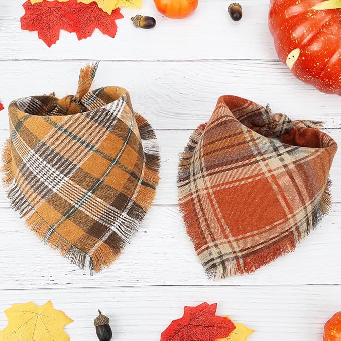 Vivifying Halloween Dog Bandana, 2 Pack Classic Plaid Fall Dog Scarf with Tassels Edges, Funny Pet Apparel & Accessories Costume for Thanksgiving Photo Prop, and Party Decor (Small, Yellow&Orange)