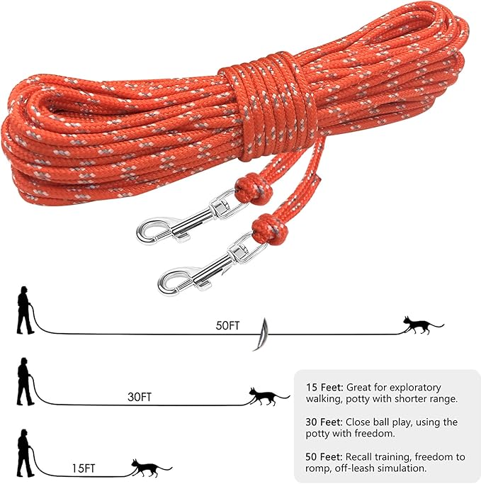 Rypet Reflective Cat Long Leash - 15 FT Escape Proof Walking Leads Yard Long Leash Durable Safe Personalized Extender Leashes Traning Play Outdoor for Kitten, Puppy, Rabbit and Small Animals