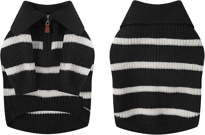 Small Dog Sweater with Zipper, Knitted Striped Pullover Dog Clothes for Cold Weather, Thick Warm Cozy Stretchy Sweater for Chihuahua, Bulldog, Dachshund, Pug(Black & White Strip, M)