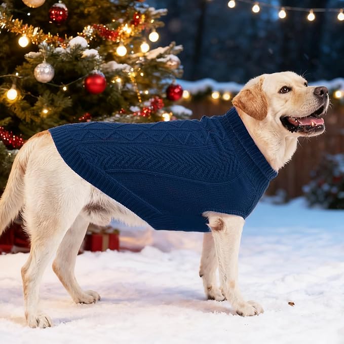 PUPTECK Dog Sweater, Turtleneck Warm Knitted Pullover Coat, Thick Cable Knitwear Clothes in Winter, Pet Apparel Outfits for Large Dogs, for Cold Weather Indoor & Outdoor, Deep Blue XL
