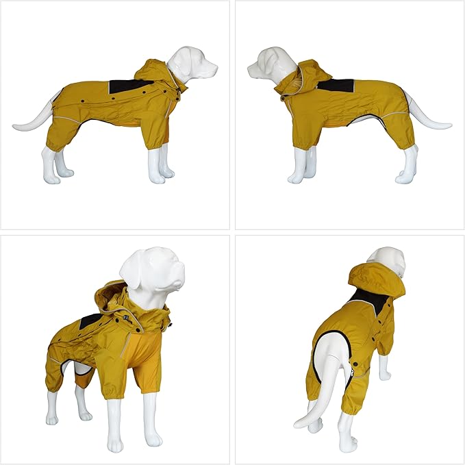 LOVELONGLONG Fleece-Lined Dog Raincoat with Removable Hood – Waterproof Winter Full Body Dog Jacket – Windproof Snowproof Cold-Weather Suit – Yellow-F M