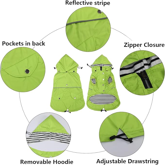Dog Raincoat Waterproof Raincoats Dog rain Jacket Buttons Zipper Hood Drawstring Suitable for Small Medium Yorkie Terrier Schnauzer Poodle Border Collie Labrador 8lbs to 80lbs Green XXL