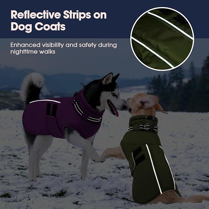 IECOii Winter Dog Coats for Large Dogs, Dog Snow Jacket with Built in Collar & Reflective Strips, Warm Windproof Fleece Dogs Jacket for Cold Weather, Adjustable Easy On Pet Snowsuit, Army Green - XL
