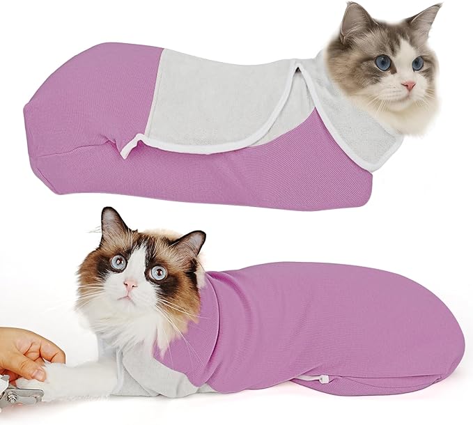 Self-Adhesive Cat Grooming Wrap, Cozy Cat Wrap for Cutting Nails, Breathable Anti-Scratch Cat Swaddle Bag for Brushing, Ear Cleaning, Dental Care, Medication, Injections,Pinkish Purple L