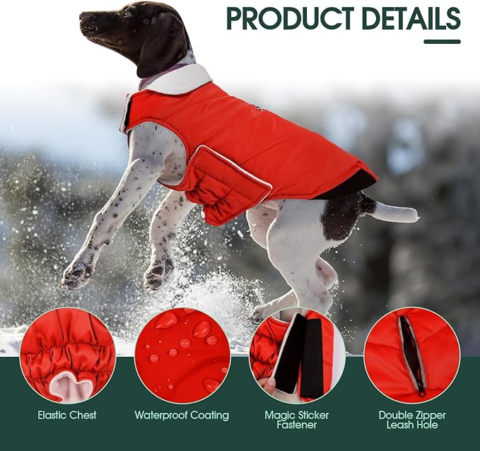 Kuoser Dog Coat Large, Cold Weather Reflective Waterproof Dogs Jacket with Warm Fleece Lining, Turtleneck Dog Winter Coat with Zipper, Doggy Snow Jacket Pet Coats for Small Medium Large Dogs, Red L