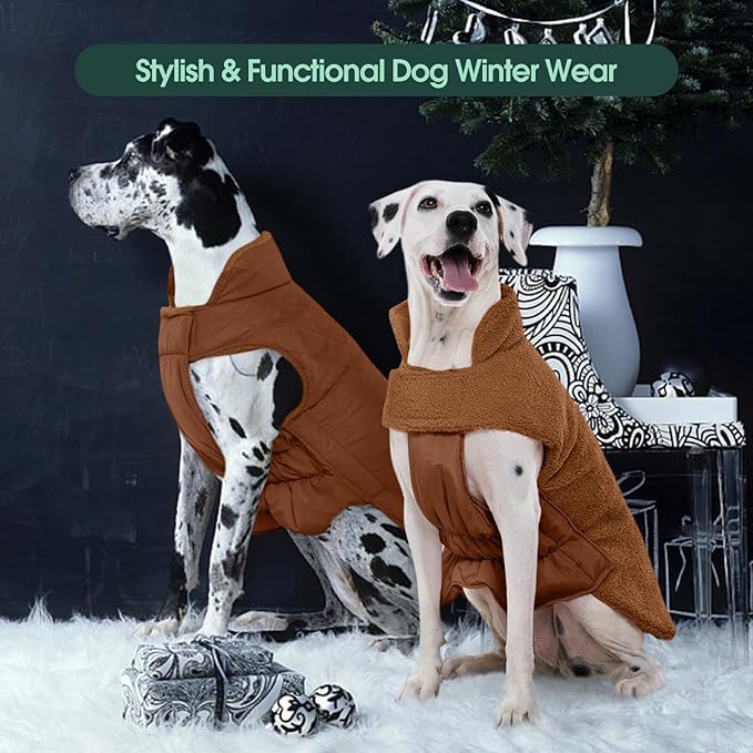 Kuoser Reversible Dog Coat – Warm Fleece & Quilted Waterproof Dog Jacket, Double-Sided Cold Weather Dogs Winter Coat with Harness Hole, Windproof Pet Snow Vest for Small Medium Large Dogs, Brown XL
