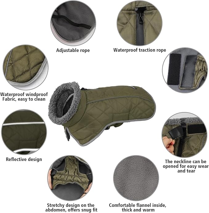 Fragralley Dog Coat Large, Waterproof Dog Jacket with Warm Fleece Lining, Adjustable Reflective Dogs Winter Coat, Turtleneck Pet Coats for Cold Weather (ArmyGreen XXXL)